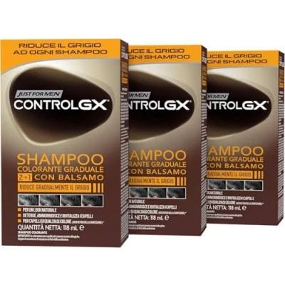 Immagine di Just For Men Control GX, Shampoo Colorante Uomo, Colore E Tinta Per Capelli, 2 In 1 Con Balsamo, Riduce Gradualmente Il Grigio, Un Look Naturale (3 Pack)