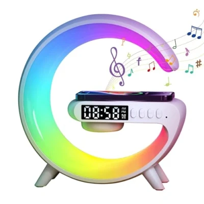Immagine di LIULIUDA lampada con caricatore wireless, luce notturna altoparlante a forma di G, LED per ricarica telefono, timer sveglia caricabatterie cambia colore, da scrivania