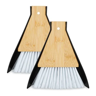 Immagine di Relaxdays Kit Raccogli Briciole, Set da 2 Scopette e Palette per Tavolino, Cucina Campeggio, Appendere, Nero Bianco, 50% 40% bambù 10% plastica