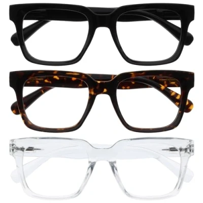 Immagine di OPULIZERA Blue Light Glasses Clear Lens Anti Reflective and Glare 3 Pack UV400 Protection Oversized Frame Computer Screen Black Brown Men Women +0.00
