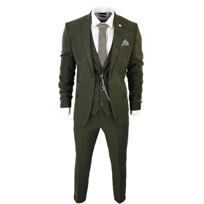 Immagine di TruClothing.com Abito Oliva da Uomo 3 Pezzi Tweed a Scacchi Blu Marrone Stile Formale Gatsby Anni &#039;20 Verde 48
