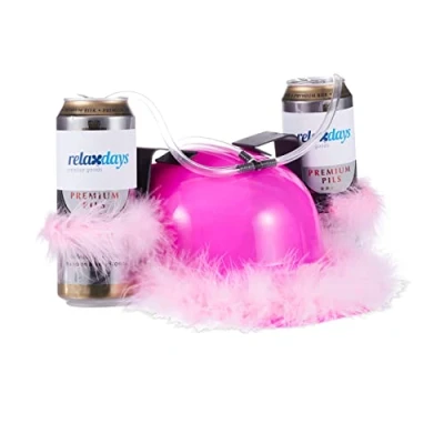 Immagine di Relaxdays Cappello Porta Bibite Fucsia, Elmetto con Cannuccia, 2 Lattine di Birra, per Feste a Tema, Piume Rosa