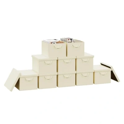 Immagine di WOLTU Scatola Portaoggetti Pieghevole, Set di 10 Ceste in Tessuto, Cubo con Coperchio e Maniglie, per Vestiti, Libri Giocattoli, Crema, 43x26x33 cm
