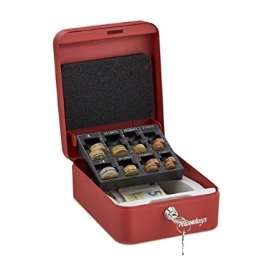 Immagine di Relaxdays Cassetta Portavalori, Salvadanaio per Monete e Banconete, 2 Chiavi, Acciaio, con Manico, 8,5x16x20 cm, Rosso, H x L P: 8,5 16 20 cm ca