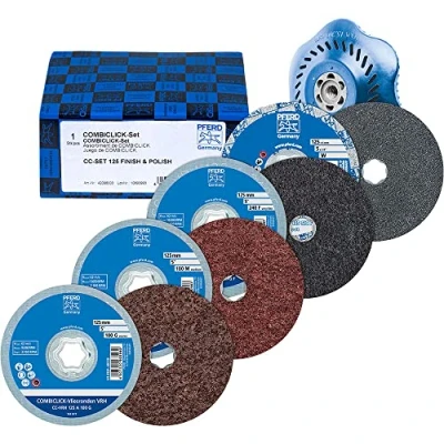 Immagine di PFERD 42098003 Kit di troncatrici non tessuto COMBICLICK Ø125mm VRH A100C, 180M, 240F e PNER W F con piastra supporto CC H GT per finitura Diametro 125 mm