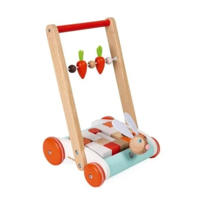 Immagine di Janod Carrello Coniglio Primi Passi in Legno a Spinta Testa di Su Molla, Carote Pallottoliere con 19 Cubi Giocattolo per Bambini da 1 Anno, J08251