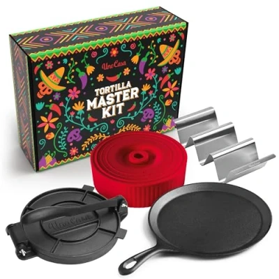 Immagine di Uno Casa Master Kit tortilla Press 20,3 cm con padella Comal, 4 supporti per taco e scalda