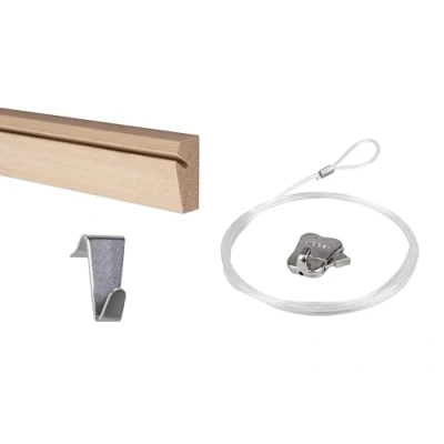 Immagine di STAS Picture Hanging Systems Binario per Quadri in Legno Binari Appendere Riva 120 cm + Gancio Un Cavo Trasparente 150 e Zipper (Set Completo)