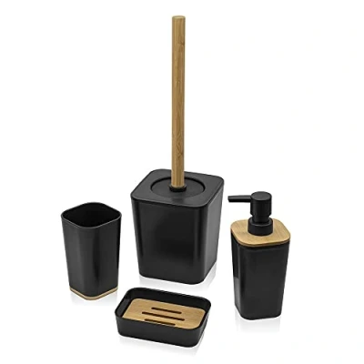 Immagine di Set Bagno Completo in Finitura Nera Opaca con Dettagli bambù, Include Dispenser Sapone, Portaspazzolini, Portasapone e Portascopino