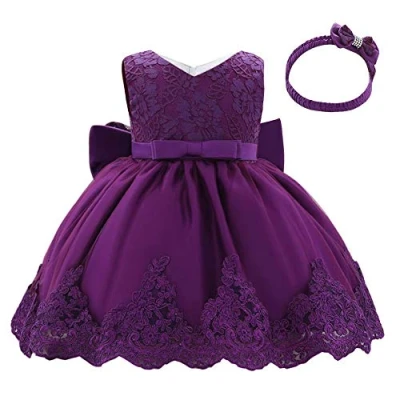 Immagine di Lito Angels Vestito Elegante per Bimba Bambina, Abito Principessa Cerimonia di Festa Compleanno, con Cerchietto a Fiocco, Taglia 6 12 Mesi, Viola Scuro (Etichetta in Tessuto 70)
