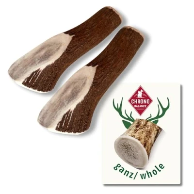 Immagine di ChronoBalance® (XXL Set di 2 Corna Cervo per Cani (Pezzi Interi) Bastoncino da Masticare Naturale, Osso Cervo, Giocattolo Lunga Durata, Cura dei Denti, Sostenibile Sicuro, Snack Nutriente