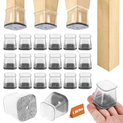 Immagine di 30 Pezzi Feltrini per sedie Quadrati, Tappi in Trasparente Piccolo, Gommini Silicone con Feltro, Elastiche Protezione Proteggi Gambe Mobili