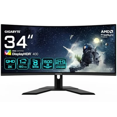 Immagine di Gigabyte G34WQCP 34&quot; Monitor Gaming Curvo WQHD 3440 x 1440, VA, 180Hz, 1ms, 1500R, 350 cd/m², FreeSync Premium, DisplayHDR 400, HDMI 2.0, DisplayPort 1.4