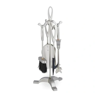 Immagine di Relaxdays Set 5 Attrezzi da Camino o Stufa, Attizzatoio, Pala, Scopino Pinza Supporto Utensili Caminetto, Ferro, Argento, 54x21x20 cm