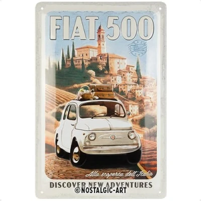 Immagine di Nostalgic Art Targa retrò, 20 x 30 cm, Fiat 500 Discover New Adventures Idee regalo per amanti FIAT, Official License Product (OLP), in metallo, design vintage