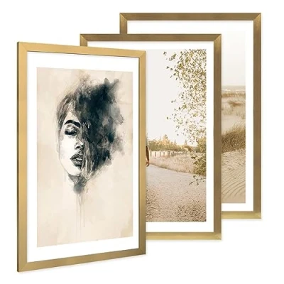 Immagine di PHOTOLINI cornici 40x60 cm oro legno MDF, set di 3 larghe, moderne, plexiglass infrangibile, da parete, accessori extra per una parete dal look raffinato