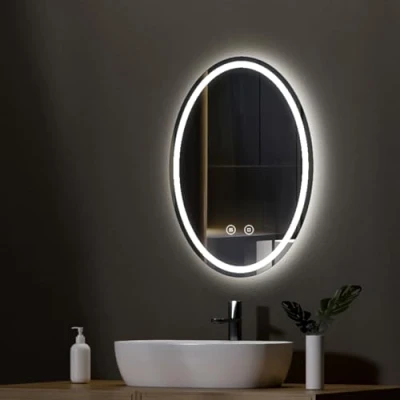 Immagine di EMKE Specchio LED Bagno 50 x 70 cm. ovale con 3 colori di luce dimmerabili, antiappannamento, funzione memoria, tocco IP44. Illuminazione Orizzontale/Verticale