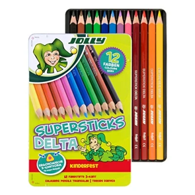 Immagine di JOLLY Superstick Matite Colorate DELTA, Triangolari Resistenti e Infrangibili, Non Tossiche, 12 Pezzi In Custodia Metallo, Prodotto di Qualità