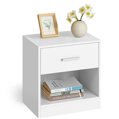 Immagine di VASAGLE Comodino, Tavolino con Cassetto, Maniglia, Scomparto Aperto, per Camera da Letto, Soggiorno, Bianco Classico LET619T14