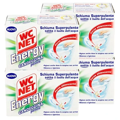 Immagine di Wc Net Energy con Candeggina, Detergente Igienizzante in Polvere per WC, Schiuma Autopulente Azione Sbiancante, 4 Buste x Confezioni