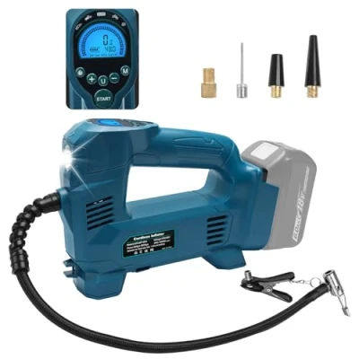 Immagine di Powarobor Compressore a batteria da 18 V, compatibile con batterie Makita pompa ad aria elettrica per bicicletta/auto/palla, 150 PSI, spegnimento automatico, lampada LED (senza batteria,
