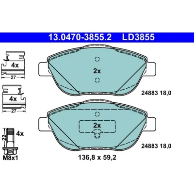 Immagine di ATE Ceramic 13.0470 3855.2 Kit pastiglie freno CITROËN: DS3 Hatchback, C3 II, Picasso, PEUGEOT: 2008 Station Wagon, 208 II Hatchback