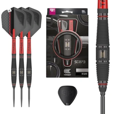 Immagine di Target Darts Scope Steel Tip Swiss Point Darts, 90% Tungsten Dart Set, Barrel 03 23G Sets, Red &amp; Black Professional Set with Points Tool
