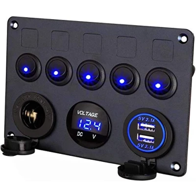 Immagine di Thlevel Pannello interruttore a bilanciere con 5 interruttori on/off, impermeabile, voltmetro digitale 4,2 A, doppia presa USB per accendisigari, camper, auto, barche, camion, rimorchi, yacht