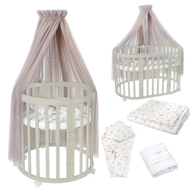 Immagine di Lettino Mobile Waldin 7in1 Ovale, Materasso, Culla Espandibile, Ventilato, Base Regolabile 5 Posizioni, Set Completto, Legno Oliva, Tessuti Rami Tortora