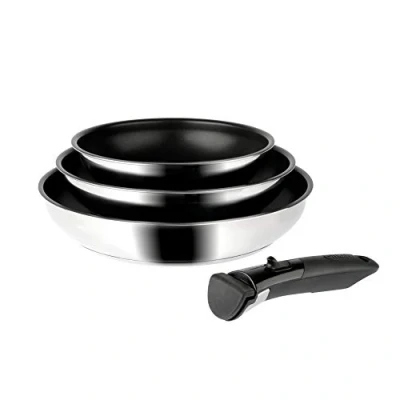 Immagine di Sitram 713510 Set di 3 padelle ARPEGE Inox rivestite: Ø 20, 24, 28 cm con Manico Rimovibile, Acciaio Inossidabile, Nero,Argento