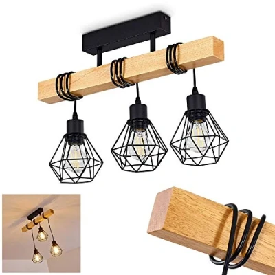 Immagine di lampada da soffitto Barbengo, in metallo/legno nero/marrone, a 3 luci, con faretti regolabili altezza, x E27, spot design retrò/vintage ottica reticolo, senza lampadina/e