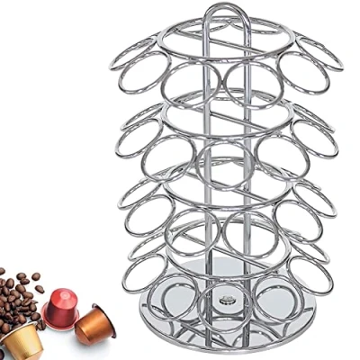 Immagine di BAKAJI Portacapsule 40 Posti in Metallo Girevole con Finitura Cromata, Stand Porta Capsule per Caffè Nespresso, Dispenser Cialde Ideale Cucina, Organizer Verticale Silver