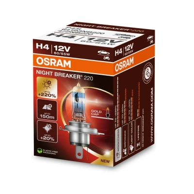 Immagine di OSRAM NIGHT BREAKER 220, H4, +220% di luminosità in più, lampada faro alogena, 64193NB220, scatola pieghevole (1 lampada)