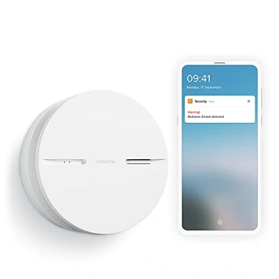 Immagine di Netatmo Rilevatore di fumo intelligente, durata della batteria 10 anni, collegato, autotestaggio, nessun hub necessario, conforme a EN14604, NSA UK, bianco, 11,5 x 4,4 cm