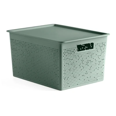 Immagine di TATAY Scatola organizer rettangolare da 20 l con coperchio, in polipropilene, senza BPA, 100% plastica riciclata, colore verde, dimensioni: 30,5 x 39,5 22 cm