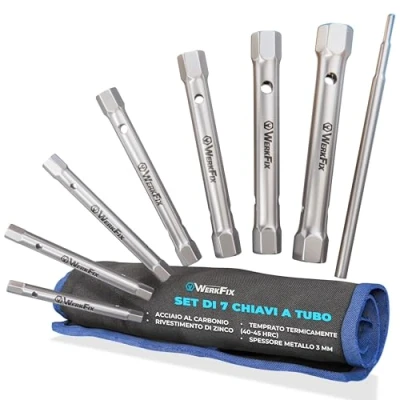 Immagine di WERKFIX Set 7 Chiavi a Tubo da 6/7, 8/9, 10/11, 12/13, 14/15, 16/17, 18/19 mm. Con Barra di Montaggio