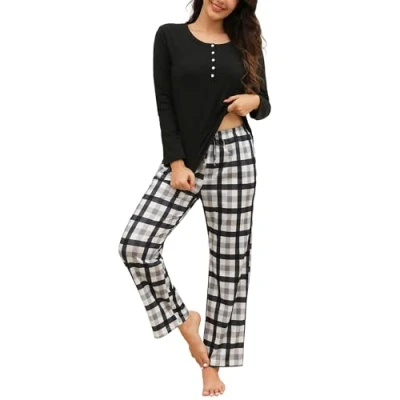 Immagine di Reliwel Pigiama Donna Cotone da Quadri Pigiami Due Pezzi Set Manica Lunga e Pantalone Lungo Leggero Invernale Comodo Casual Casa S XXL