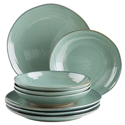 Immagine di MÄSER Serie Nottingham Set di piatti vintage per 4 persone, servizio da tavola 8 pezzi con piani e fondi in look retrò irregolare, gres, verde turchese