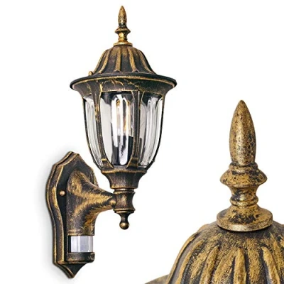 Immagine di lampada da parete per esterni Ribadeo, rilevatore di movimento, verso l&#039;alto in stile antico, alluminio fuso marrone/oro, vetri, terrazza/giardino, E27, retro/vintage, senza lampadina/e