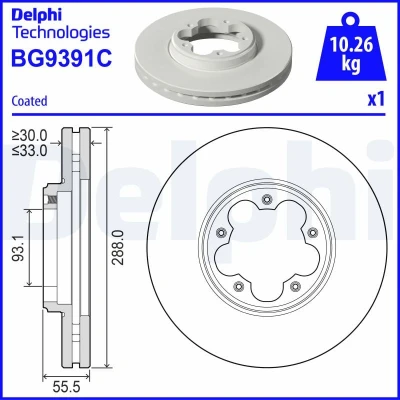 Immagine di DELPHI BG9391C Disco freno 288 33 5 ventilato rivestito non trattato senza cuscinetto ruota, anello sensore ABS FORD: Transit Custom V362 Bus