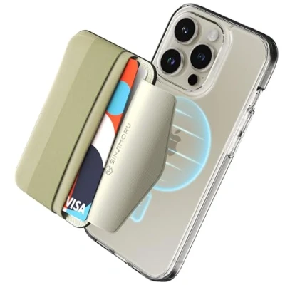 Immagine di Sinjimoru Magnetischer Handy Kartenhalter für MagSafe mit elastischem Fingerhalter, Kartenetui weichem Band kompatibel Wallet iPhone 16, 15, 14, 13 &amp; 12 Reihe. M Beige