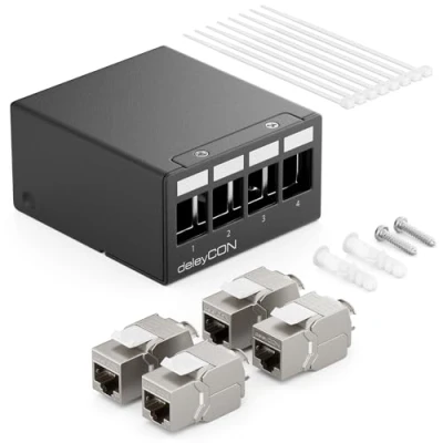 Immagine di deleyCON 4 Porte CAT7 Set di Pannelli Patch con 4x CAT.7 RJ45 Modulo Jack Keystone STP 10 Gbit/s Compatibile Cavo Installazione CAT6 CAT6a CAT8 Rete Ethernet LAN DSL Nero