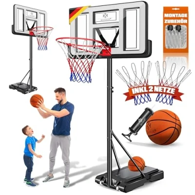 Immagine di KESSER® canestro di basket Premium con supporto e rotelle incl. pallone da + pompa; altezza regolabile 230 a 305 cm; impianto esterno completo