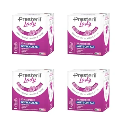Immagine di Lady Presteril, Assorbenti esterni notte con ali in cotone 100% biodegradabile, 4 confezioni da 10 unità (totale 40)