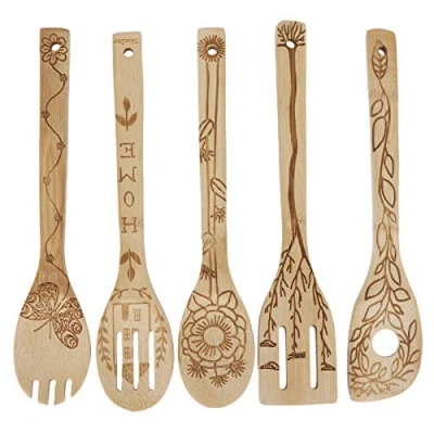 Immagine di Cucchiai di legno per cucinare, 5 pezzi Set utensili in bambù Spatola Cucchiaio pala Utensile da cucina antiaderente pentole