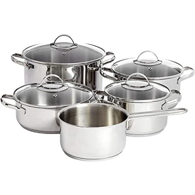 Immagine di Amazon Basics 9 Pezzi Set di Pentole a Induzione Acciaio Inox, Argento