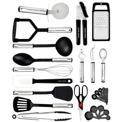 Immagine di Utensili Cucina Set Termoresistenti al Calore e Antiaderente Mestoli Spatola Cucchiaio Frusta Pinze Forbici (25 pezzi Nylon Set)