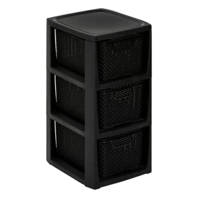 Immagine di BranQ Home essential Scaffale in plastica PP senza BPA, design rattan, nero, 29,5 x 24 48,7 cm, 3 cesti