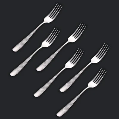 Immagine di DAFFODILY posate acciaio inox di lusso, cucchiai, coltelli e forchette set 18/10 martellato, Da bistecca. (Forchette Tavola, Argento)