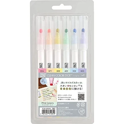 Immagine di Kuretake ZIG CLEAN COLOR DOT Single Tip, Mild 6 colors set, Made in Japan (Mild colors)